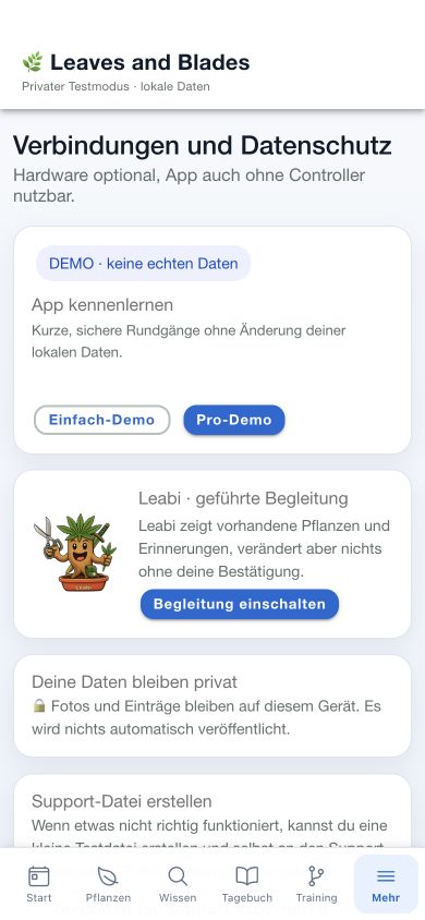 Bereich Verbindungen und Datenschutz im App-Prototyp