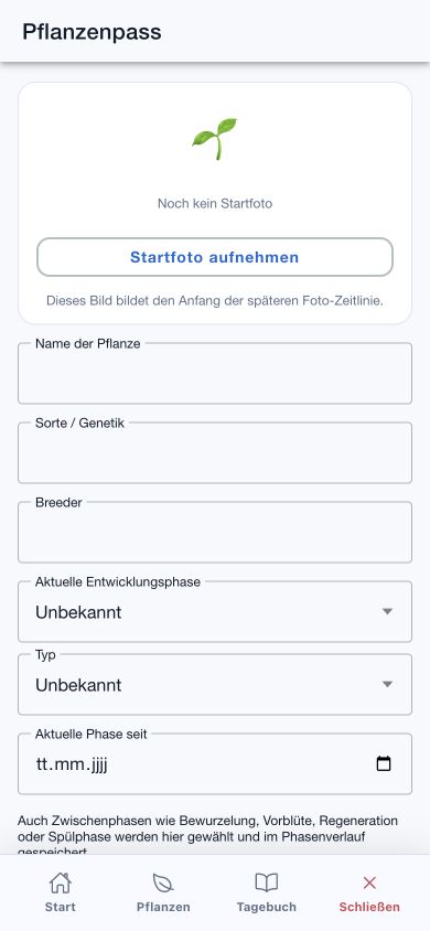 Leerer Pflanzenpass im App-Prototyp
