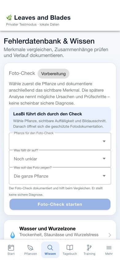 Wissensbereich und Fehlerdatenbank im App-Prototyp